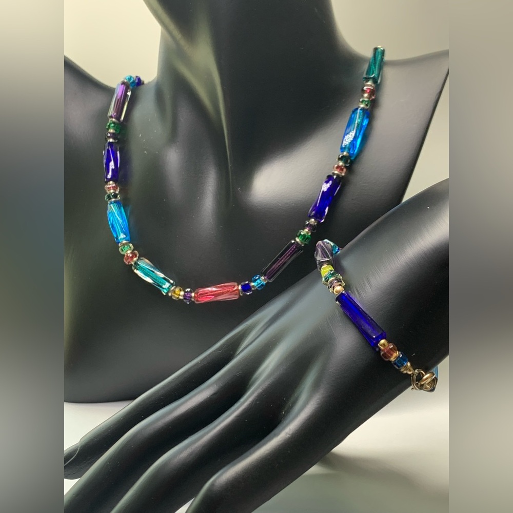 Vintage Sterling & 14k GF Twisted Cane Glass & Bead Necklace & Bracelet Set